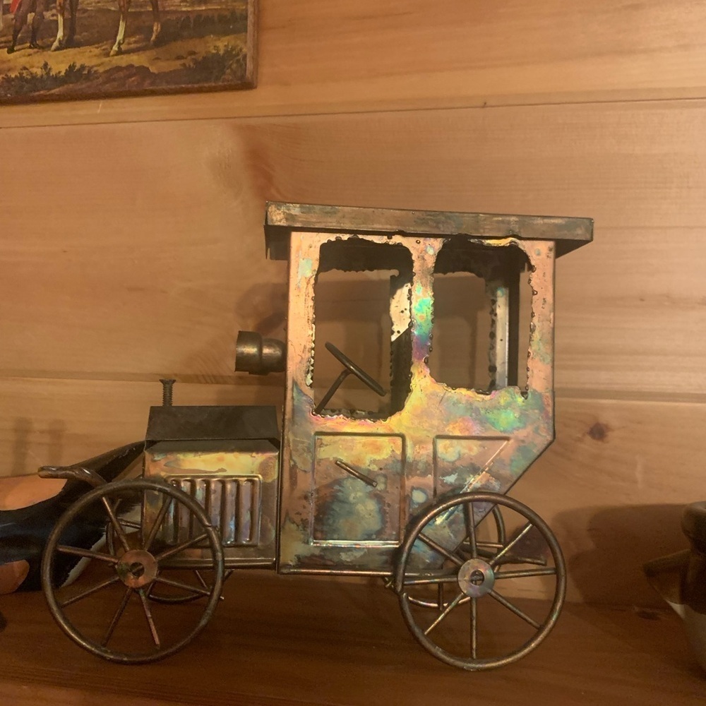 Vintage Copper Music Box Antique Car w/  Moving Hood w/ Music.